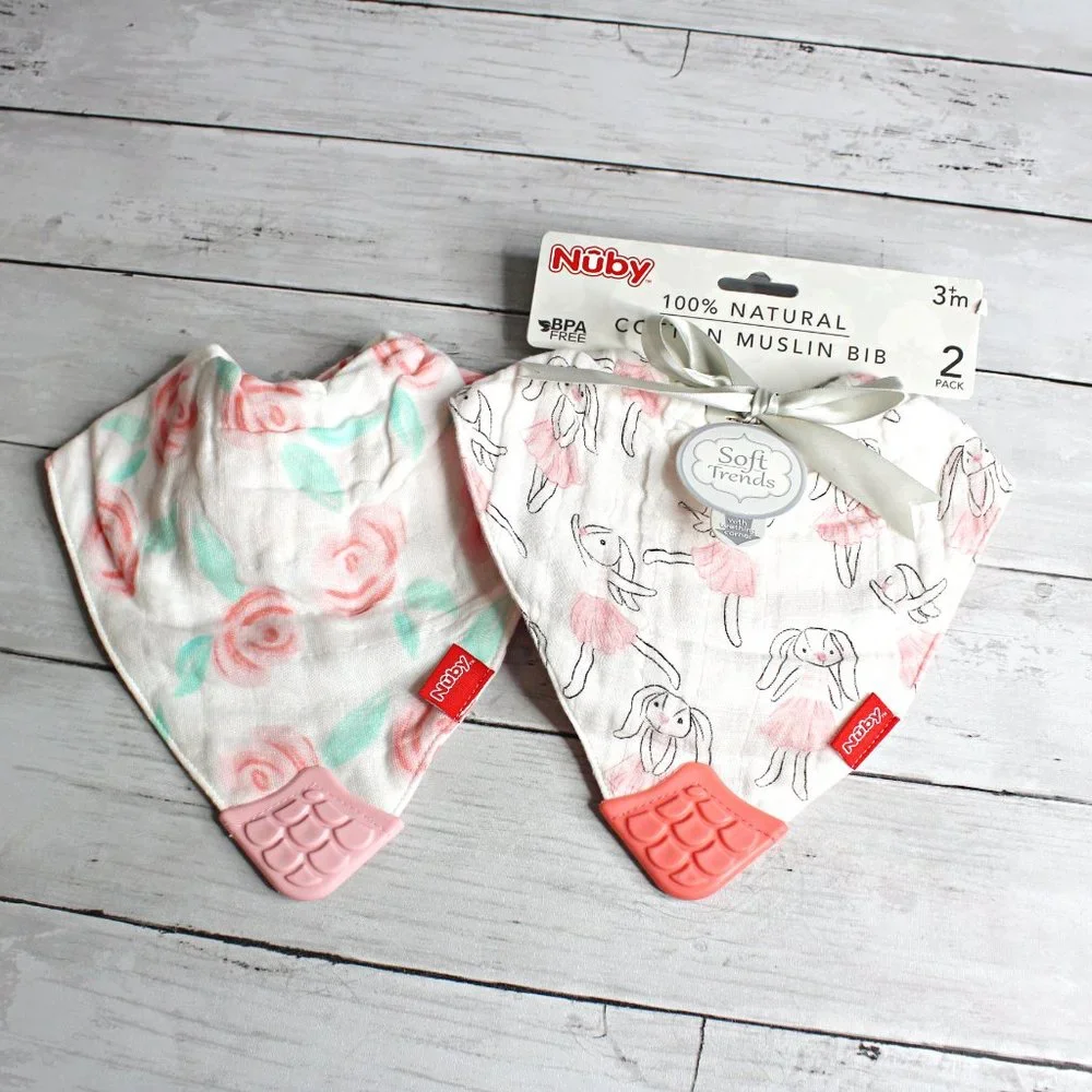 Nuby Baby Girl's Muslin Bandana Drool Bib Teething Set 100% Muslin Cotton